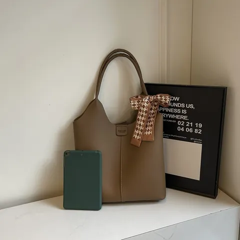 Large Capacity Lychee Pattern PU Leather Tote Bag For Women With Silk Scarf Ribbon Commuting Office Shoulder Handbag