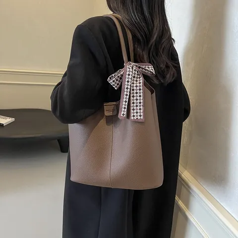 Large Capacity Lychee Pattern PU Leather Tote Bag For Women With Silk Scarf Ribbon Commuting Office Shoulder Handbag