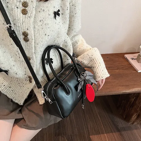 Vintage PU Leather Boston Bowling Handbag Women Minimalist Crossbody Bag With Checkered Bow Pendant Daily Commuting