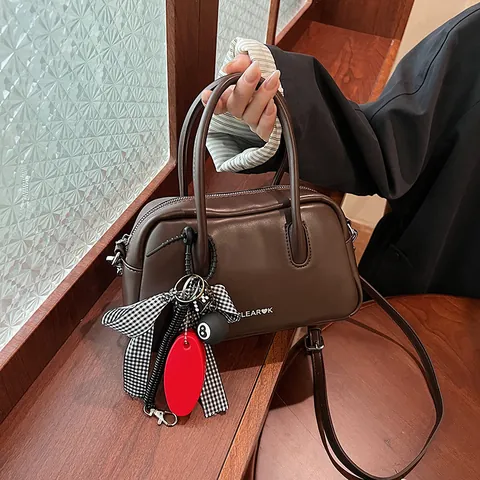 Vintage PU Leather Boston Bowling Handbag Women Minimalist Crossbody Bag With Checkered Bow Pendant Daily Commuting
