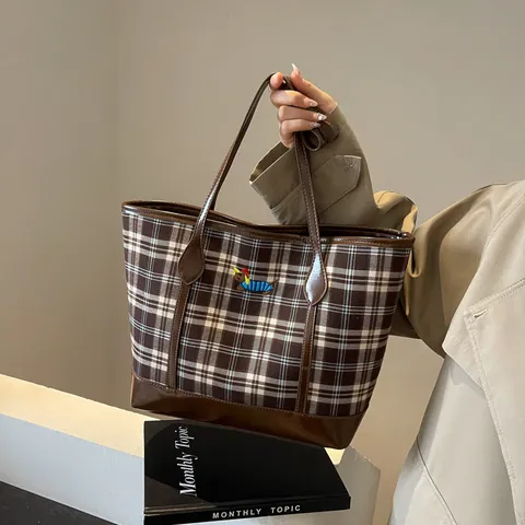Borsa Tote Vintage a Quadri per Donna Grande Capacità Pelle PU Splicing Ricamo Bassotto Borsa a Tracolla Casual