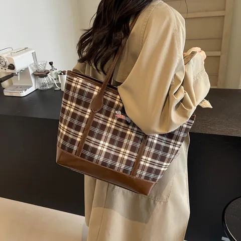Borsa Tote Vintage a Quadri per Donna Grande Capacità Pelle PU Splicing Ricamo Bassotto Borsa a Tracolla Casual