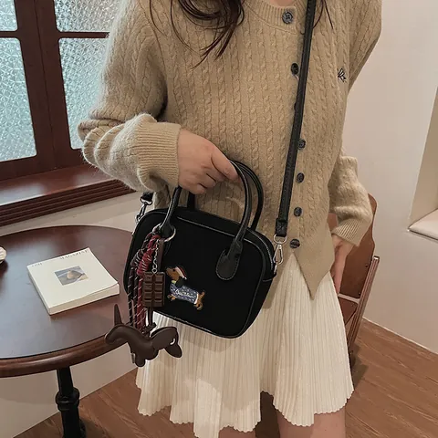 Retro Dackel Stickerei PU Leder Schultertasche Für Damen Frosted Texture Handtasche Mit Hund Anhänger Casual Umhängetasche