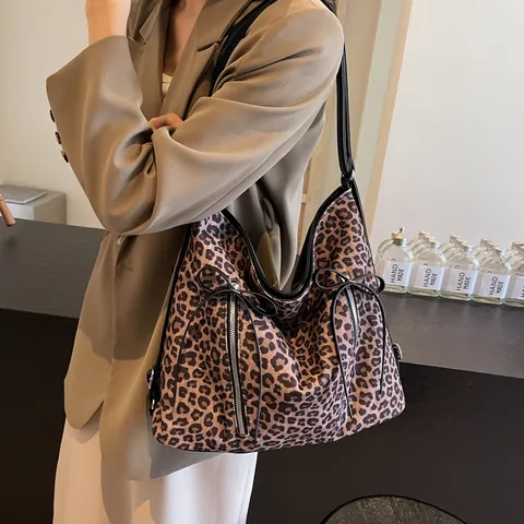 Bolso Tote de Mujer con Estampado de Leopardo Gran Capacidad Lona Cuero PU Lazo Cremallera Decor Multiusos Bolso de Hombro de Moda