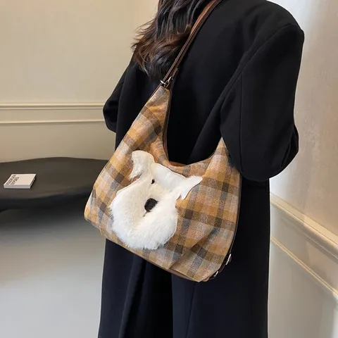 Vintage Plaid Canvas Tote Bag Women Large Capacity Shoulder Backpack With 3D Plush Animal Patch Embroidery Fashion Bag