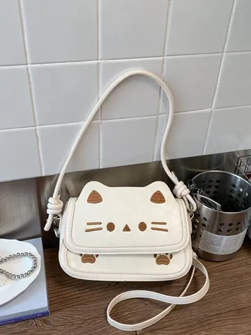 Sac Bandoulière Mignon Oreilles de Chat pour Femmes Broderie Petit Sac Carré en Similicuir PU Avec Pendentif Peluche