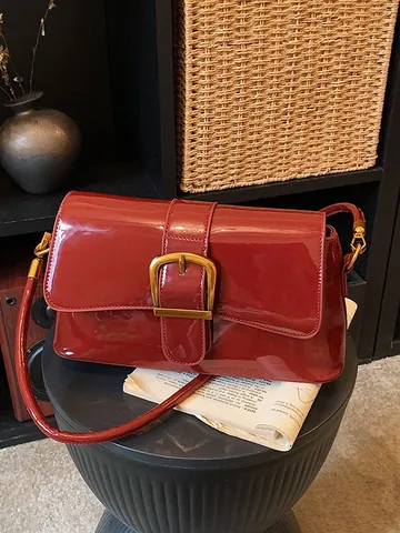 Bolso Baguette de Charol Retro para Mujer PU Brillante Hebilla de Oro Axila Hombro Bolso de Mensajero Bolso de Moda Diario