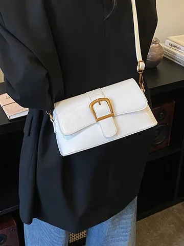 Bolso Baguette de Charol Retro para Mujer PU Brillante Hebilla de Oro Axila Hombro Bolso de Mensajero Bolso de Moda Diario