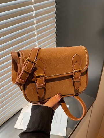 Bolso Bandolera de Cuero PU Vintage para Mujer con Doble Hebilla Bolso de Hombro Cuadrado Pequeño de Bloque de Color Casual
