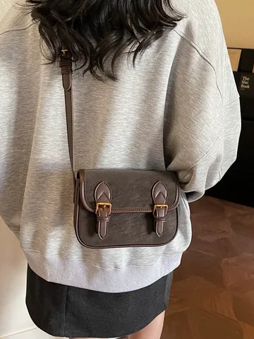 Bolso Bandolera de Cuero PU Vintage para Mujer con Doble Hebilla Bolso de Hombro Cuadrado Pequeño de Bloque de Color Casual