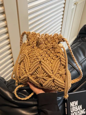 Handwoven Cotton Rope Bucket Bag For Women Bohemian Macrame Shoulder Crossbody Bag Drawstring Wood Beads Beach Vacation
