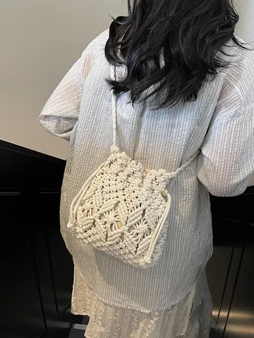Handwoven Cotton Rope Bucket Bag For Women Bohemian Macrame Shoulder Crossbody Bag Drawstring Wood Beads Beach Vacation