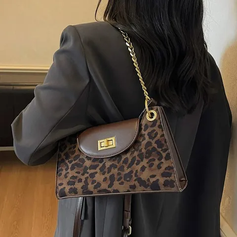 Vintage PU Leder Baguette Schultertasche Für Damen Leopardenmuster Kontrast Textur Goldene Kette Drehverschluss Mode Handtasche
