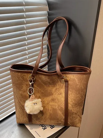 Bolso Tote de Cuero PU de Gran Capacidad Vintage para Mujer Bolso de Hombro Con Textura de Mármol y Colgante de Peluche Casual