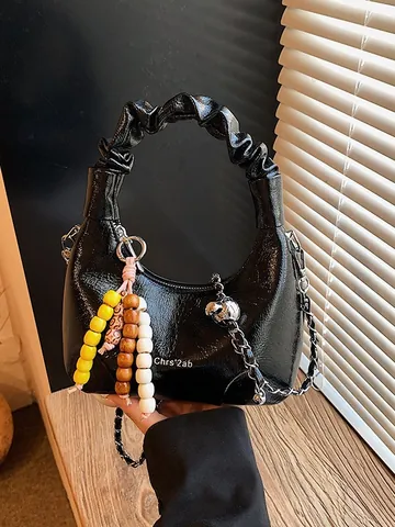 Women Fashion Ruched Handbag Shiny PU Leather Hobo Shoulder Bag With Chain Strap And Colorful Beaded Charm Streetwear Bag