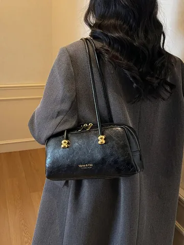 Bolso Boston de Cuero PU Vintage de Gama Alta Para Mujer Bolso de Hombro Retro de Gran Capacidad Con Doble Cremallera Y Colgante Bolso de Mano de Moda