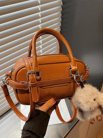 Women Retro PU Leather Baguette Bag Small Boston Handbag With Cute Rabbit Plush Charm Solid Color Shoulder Crossbody Bag