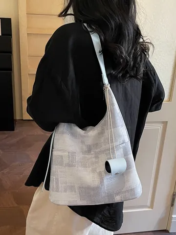 Große PU Leder Einkaufstasche Für Damen Minimalistische Geometrische Textur Schultertasche Mit Verstellbarem Gurt Pendeltasche