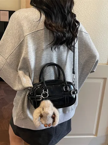 Women Retro PU Leather Baguette Bag Small Boston Handbag With Cute Rabbit Plush Charm Solid Color Shoulder Crossbody Bag