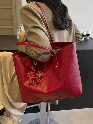Μεγάλης Χωρητικότητας Τσάντα Tote από Δέρμα PU για Γυναίκες Ανάγλυφο Σχέδιο Σκακιέρας Τσάντα Ώμου Casual Handbag Με Κρεμαστό Σκύλο