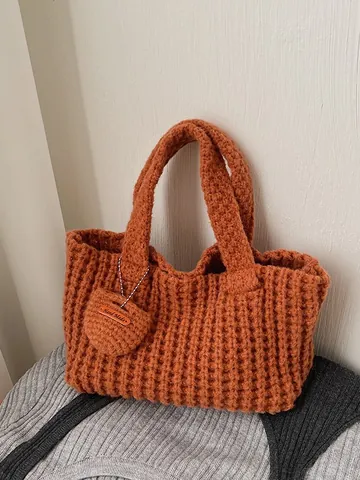 Sac à Main Tricoté pour Femme Texture Gaufre Vintage Cabas Avec Pendentif Sac à Épaule Minimaliste en Coton Crocheté pour Usage Quotidien