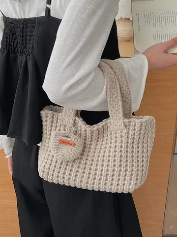 Sac à Main Tricoté pour Femme Texture Gaufre Vintage Cabas Avec Pendentif Sac à Épaule Minimaliste en Coton Crocheté pour Usage Quotidien