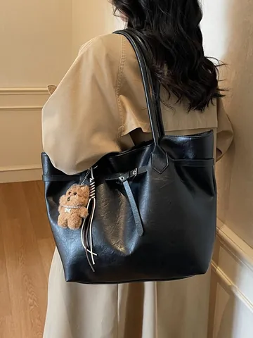 Large Capacity PU Leather Tote Bag For Women Vintage Commuter Shoulder Bag With Plush Bear Charm Solid Color Handbag
