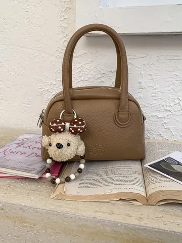 Women Casual PU Leather Boston Bag Retro Lychee Pattern Handbag With Plush Charm Adjustable Shoulder Strap Crossbody Bag