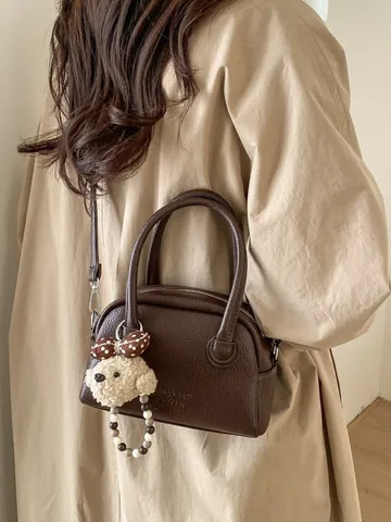 Women Casual PU Leather Boston Bag Retro Lychee Pattern Handbag With Plush Charm Adjustable Shoulder Strap Crossbody Bag