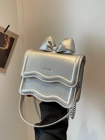 Women Bow PU Leather Small Square Bag Metallic Chain Shoulder Crossbody Bag Fashion Daily Handbag Top Handle Bag