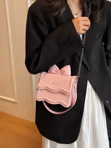 Women Bow PU Leather Small Square Bag Metallic Chain Shoulder Crossbody Bag Fashion Daily Handbag Top Handle Bag
