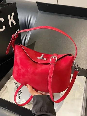 Damen Lässige Minimalistische Baguette Tasche Textur Trendige Schulter Crossbody Tasche Mit Silbernem Schloss PU Leder Handtasche