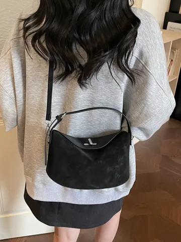 Damen Lässige Minimalistische Baguette Tasche Textur Trendige Schulter Crossbody Tasche Mit Silbernem Schloss PU Leder Handtasche