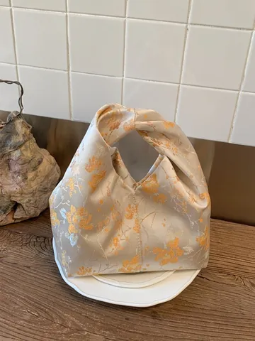 Women Japanese Style Floral Jacquard Knot Bag Vintage Satin Texture Handheld Bucket Bag Elegant Flower Print Wrist Bag
