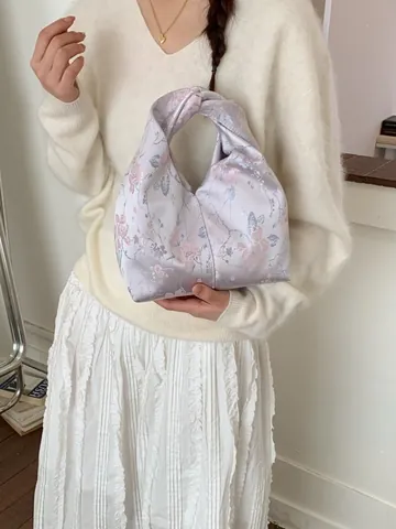 Women Japanese Style Floral Jacquard Knot Bag Vintage Satin Texture Handheld Bucket Bag Elegant Flower Print Wrist Bag