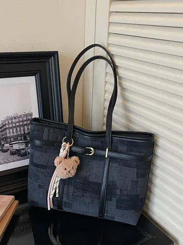 Bolso de Mano de Gran Capacidad para Mujer Cuero PU Tela Patrón Geométrico Abstracto Bolso de Hombro Casual Diario Con Colgante de Oso