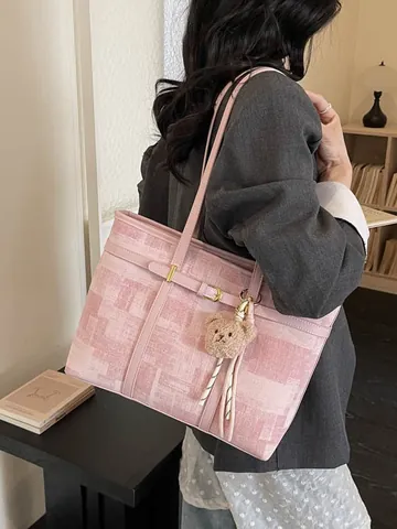 Bolso de Mano de Gran Capacidad para Mujer Cuero PU Tela Patrón Geométrico Abstracto Bolso de Hombro Casual Diario Con Colgante de Oso
