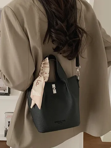 Fashion Litchi Grain PU Leather Bucket Bag For Women With Silk Scarf Decor Handheld Single Shoulder Crossbody Bag Metal Lock Purse
