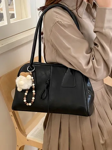 Damen Stilvolle PU Leder Tote Tasche Große Kapazität Minimalistisch Pendler Umhängetasche Mit Knoten Dekor Und Plüschpuppe Anhänger