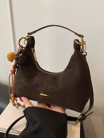 Vintage Matte PU Leather Hobo Bag Women Niche Design Crescent Shoulder Bag With Bohemian Tassel Charm Crossbody Handbag