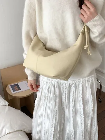 Women Minimalist PU Leather Hobo Bag Solid Color Litchi Texture Shoulder Bag With Knot Decor For Casual Daily