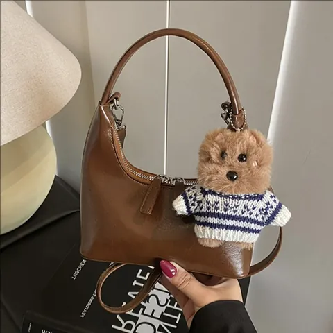 Vintage Glossy PU Hobo Bag For Women Korean Style Half Moon Shoulder Crossbody Bag With Teddy Bear Pendant Solid Color