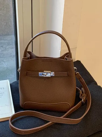 Women Litchi Pattern PU Leather Bucket Bag Vintage Sophisticated Crossbody Bag With Metal Lock Buckle Casual Shoulder Handbag