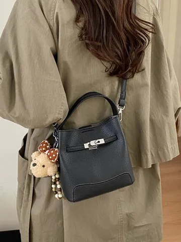 Women Litchi Pattern PU Leather Bucket Bag Vintage Sophisticated Crossbody Bag With Metal Lock Buckle Casual Shoulder Handbag