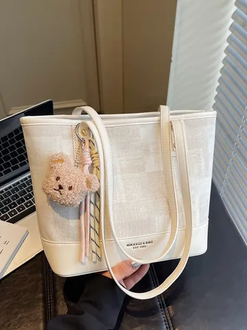 Women Fashion Contrast Color Splicing Tote Bag With Bear Pendant Canvas PU Leather Shoulder Bag For Commuting Daily Casual