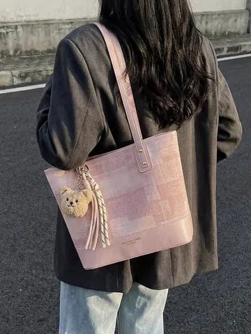 Women Fashion Contrast Color Splicing Tote Bag With Bear Pendant Canvas PU Leather Shoulder Bag For Commuting Daily Casual