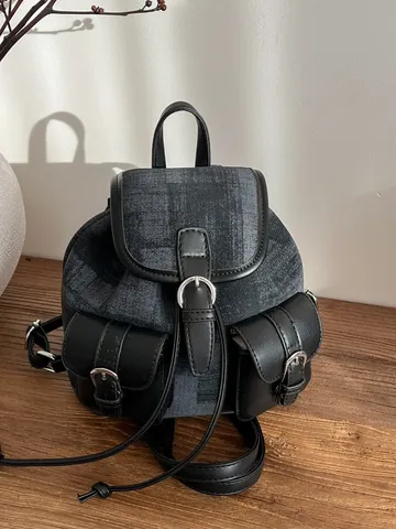 Zaino Mini da Donna alla Moda in Tela Pelle PU Patchwork Zainetto Retrò con Patta a Tasche Multiple per Viaggi Quotidiano