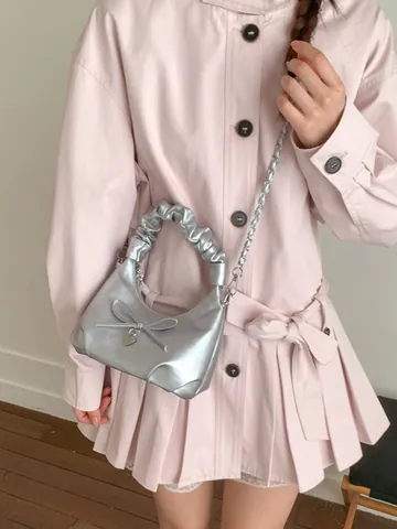 Women Pleated Handle PU Leather Hobo Bag With Bow Decoration And Heart Charm Chain Strap Casual Shoulder Crossbody Bag