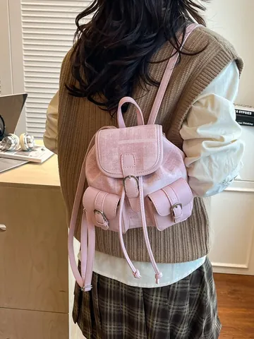 Zaino Mini da Donna alla Moda in Tela Pelle PU Patchwork Zainetto Retrò con Patta a Tasche Multiple per Viaggi Quotidiano