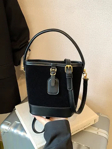 Vintage Wildleder PU Leder Spleißen Eimertasche Für Damen Retro Lässig Schulter Umhängetasche Mit Goldener Hardware Handtasche